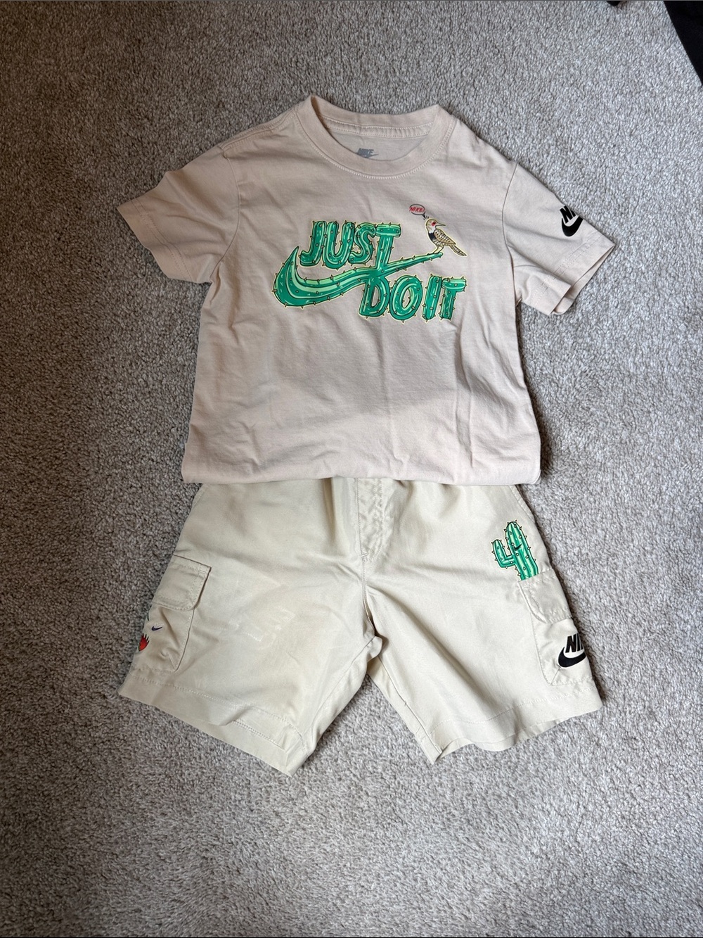 Nike Kids Tan Tee & Shorts Set with Green 'Just Do It' Graphic